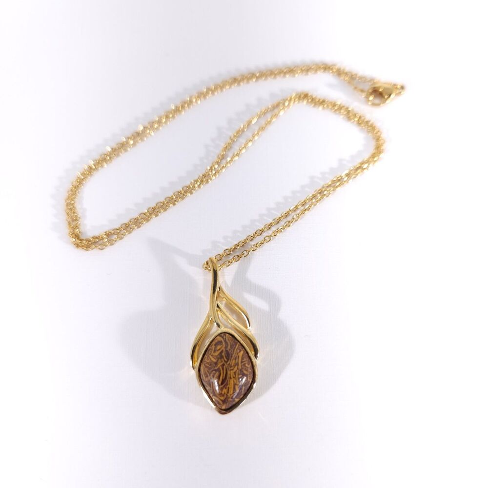 Indian Script Stone Pendant Necklace 14k Gold Plate